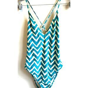 $295 Milly Cabana Swimsuit Retro Print Green Stripe One Piece Low Cut Sexy Med